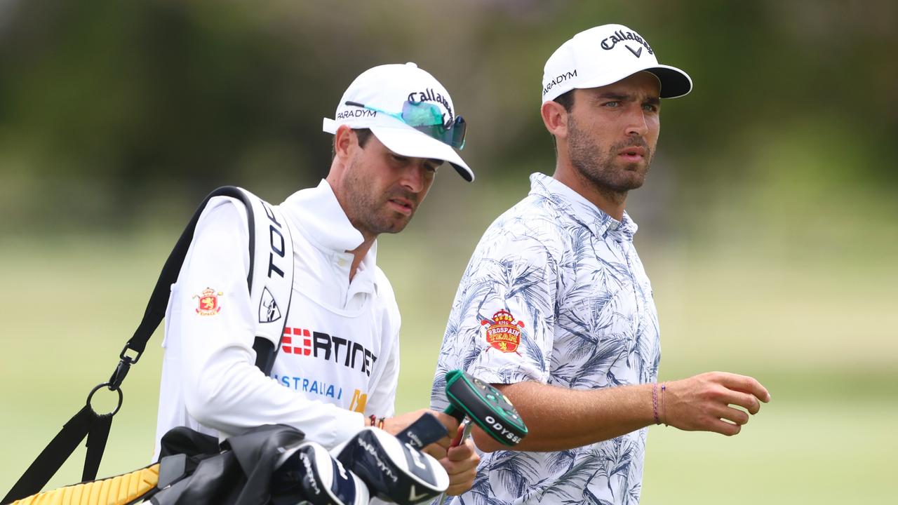 Joel Moscatel with his caddie in Brisbane. Picture: Chris Hyde/Getty Images