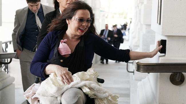 US Senator Tammy Duckworth arrives at the US Capitol with her newborn baby daughter in 2018. Picture: AFP