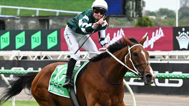 MELBOURNE, AUSTRALIA - NOVEMBER 09: James McDonald riding Via Sistina winning Race 8, the Tab Champions Stakes - Betting Odds during Champion Stakes Day at Flemington Racecourse on November 09, 2024 in Melbourne, Australia. (Photo by Vince Caligiuri/Getty Images)