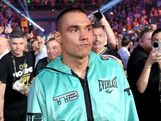 GOLD COAST, AUSTRALIA - OCTOBER 15: Tim Tszyu does his walk to the ring before the WBO super-welterweight world title bout between Tim Tszyu and Brian Mendoza at Gold Coast Convention and Exhibition Centre on October 15, 2023 in Gold Coast, Australia. (Photo by Bradley Kanaris/Getty Images)