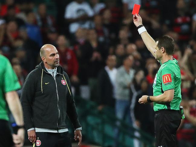 Referee Chris Beath sends off Wanderers coach Markus Babbel at the SCG last year. Picture. Phil Hillyard