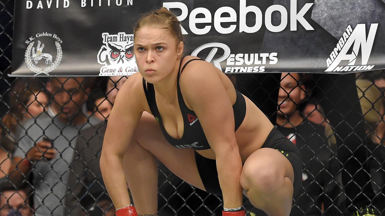 Ronda Rousey gets ready to fight Cat Zingano in a UFC 184 mixed martial arts bantamweight title bout, Saturday, Feb. 28, 2015, in Los Angeles. Rousey won after Zingano tapped out 14 seconds into the first round. (AP Photo/Mark J. Terrill)