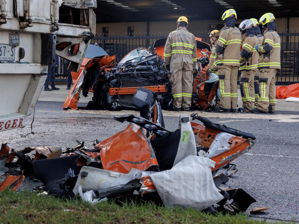 A passenger was killed when a Ford Mustang ploughed into the back of a parked truck. Picture: David Geraghty