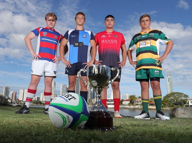 Gold Coast District Rugby Union junio players Liam Cook (Bond Pirates), Noah Fielding (Helensvale), Kaharau Beer (Knights) and Jordan Bulford (Surfers Paradise). Picture: Glenn Hampson