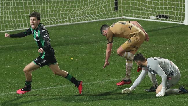 Max Burgess of Western United celebrates after scoring against the Wanderers. Picture: Getty Images