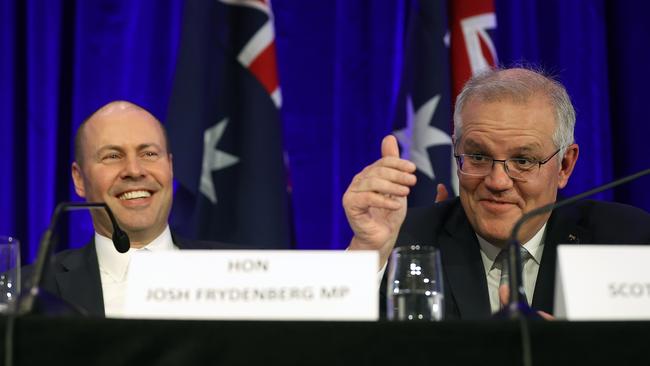 Scott Morrison and Josh Frydenberg address the Liberal Party Federal Council in Canberra. Picture: NCA NewsWire / Gary Ramage