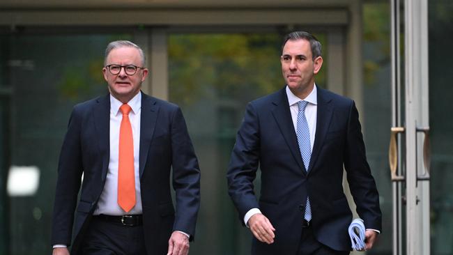 Anthony Albanese and Treasurer Jim Chalmers arrive for post budget media interviews at Parliament House in Canberra last week. Picture: Tracey Nearmy/Getty Images