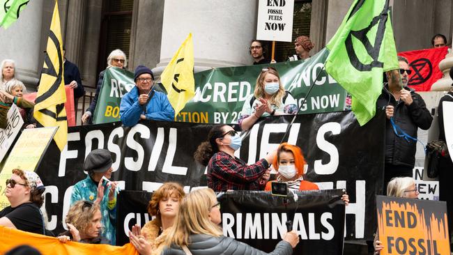 Extinction Rebellion protesters and other climate action groups on Parliament House’s steps in Adelaide. Picture: NCA NewsWire / Morgan Sette