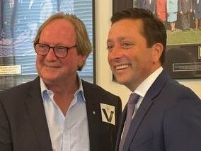 Essendon great Kevin Sheedy shakes hands with Opposition Leader Matthew Guy on Tuesday morning.