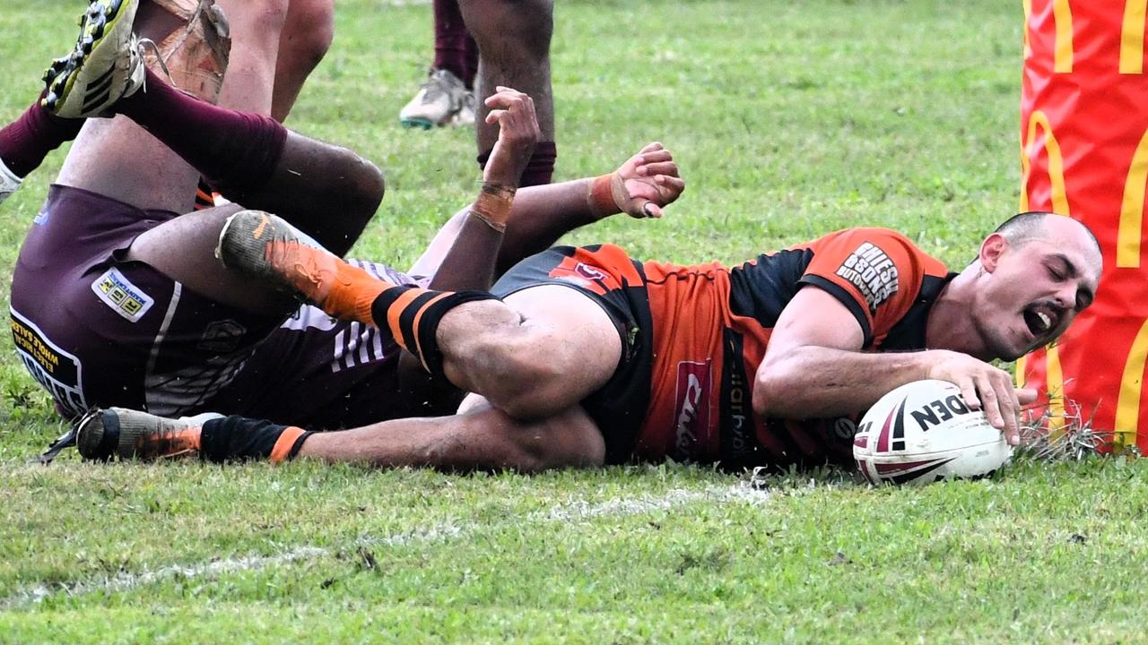 Crushers’ halfback and captain Aaron Solari scores under the posts to give the home team a chance of snatching a come-from-behind win with 10 minutes to go. Photos from the Herbert River Crushers Rugby League Club’s first hit out for the 2024 season against Souths RLFC Townsville at Artie Gofton Oval in Ingham on Sunday. The Crushers went down 22-12. Picture: Cameron Bates