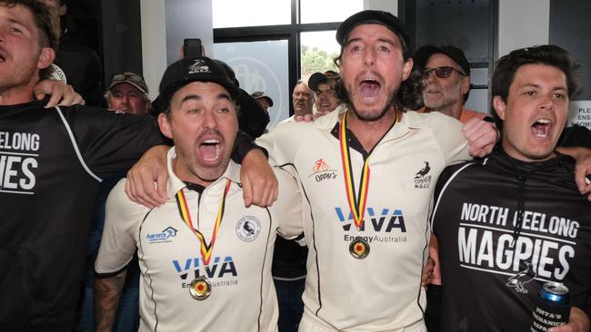 North Geelong’s Andrew Fergusson and Sam Hall celebrate their 2022-23 GCA1 premiership. Picture: Mark Wilson