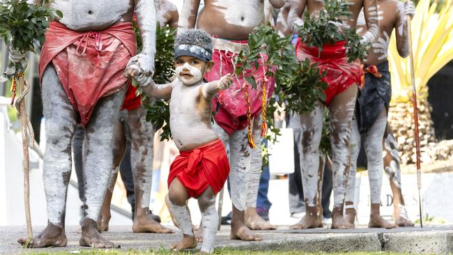 Wakka Wakka dancers at the Yes23 Campaign and Come Together for Yes event in Brisbane on Sunday. Picture: Richard Walker