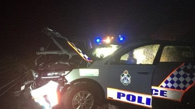 The damage done to a police car at Tugun after a pursuit across the southern Gold Coast last night. Picture: Supplied