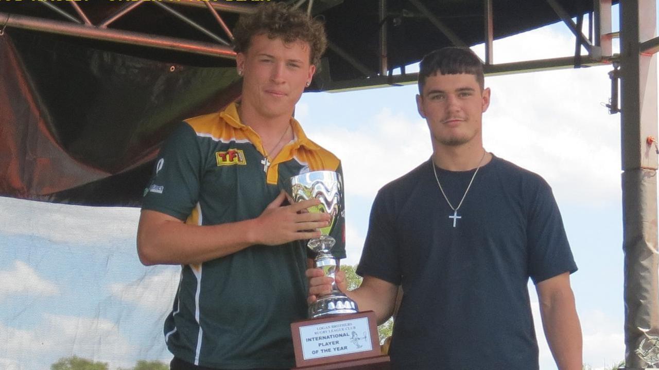 Ryan McCann (left) and his Souths Logan captain, Jacob Tinsley at the 2022 Logan Brothers awards