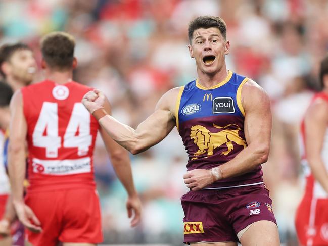 SYDNEY, AUSTRALIA - MARCH 15:  Dayne Zorko of the Lions celebrates a goal during the round one AFL match between Sydney Swans and Brisbane Lions at Sydney Cricket Ground, on March 15, 2025, in Sydney, Australia. (Photo by Matt King/AFL Photos/via Getty Images)