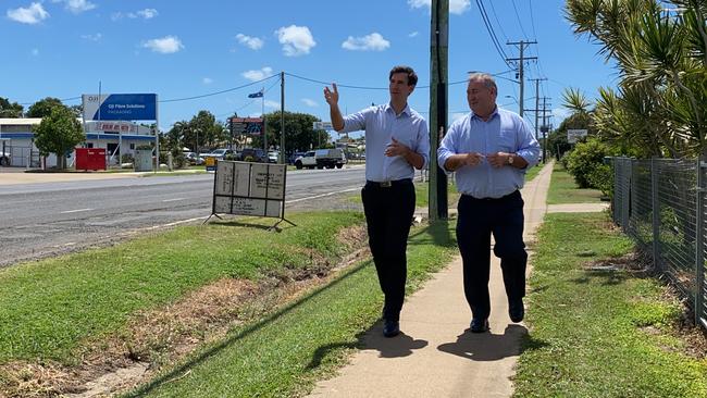 Bundaberg Mayor Jack Dempsey and Member for Bundaberg Tom Smith look over and discuss the plans for the road works on Princess St.