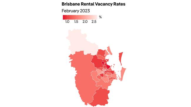 REAL ESTATE: This heatmap shows just how low Brisbane rental vacancy rates are. Source: PropTrack.