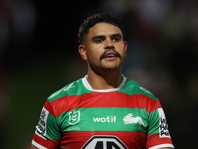 Latrell Mitchell had a night to forget in his return from suspension, capitalised by an air swing that led to a Dragons try. Picture: Getty Images