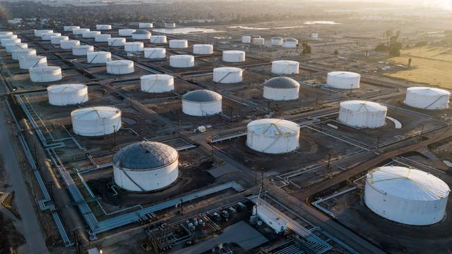 Oil storage tanks in California. US oil prices tumbled 25 per cent. Picture: AFP