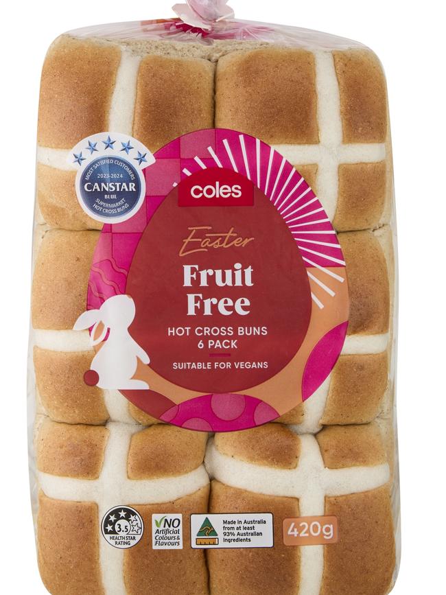 Fruit free hot cross buns at Coles. Picture: Martin Keep/Coles