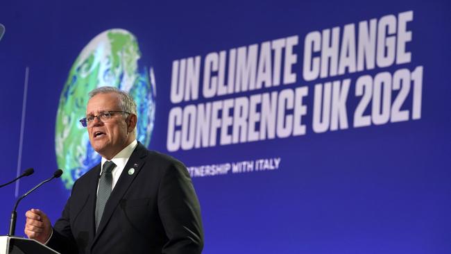 Prime Minister Scott Morrison delivers Australia’s National Statement on how to reach net zero by 2050 at the COP26 Climate summit in Glasgow in November last year. Picture: Adam Taylor