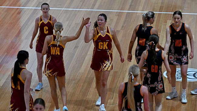 U17 Latrobe Valley v Goulburn players during the Netball Victoria State Titles at the State Netball Centre in Parkville, Saturday, Oct. 7, 2023. Picture: Andy Brownbill