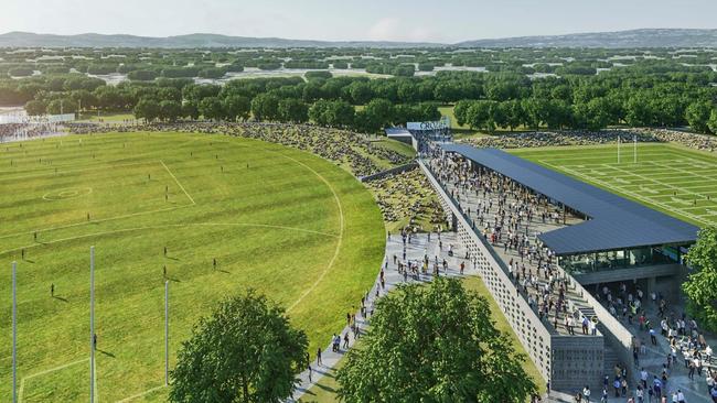 OVAL UPGRADE: Artist impression of the completion of the $12M state-of-the-art facility including linking Oakes Oval and Crozier Field to cater for the future needs of officials, players, spectators and media. Image: Cox Architecture