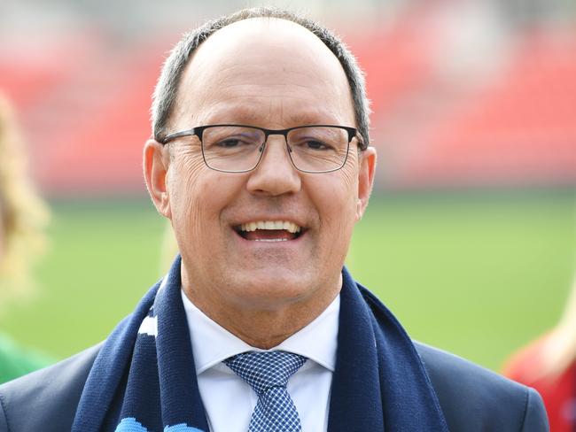 Minister for Recreation and Sport Corey Wingard speaks to the media at Coopers Stadium in Adelaide, Friday, June 26, 2020. Australia and New Zealand will host the 2023 Women's World Cup after the FIFA Council voted in favour of the trans-Tasman bid over Colombia. (AAP Image/David Mariuz) NO ARCHIVING