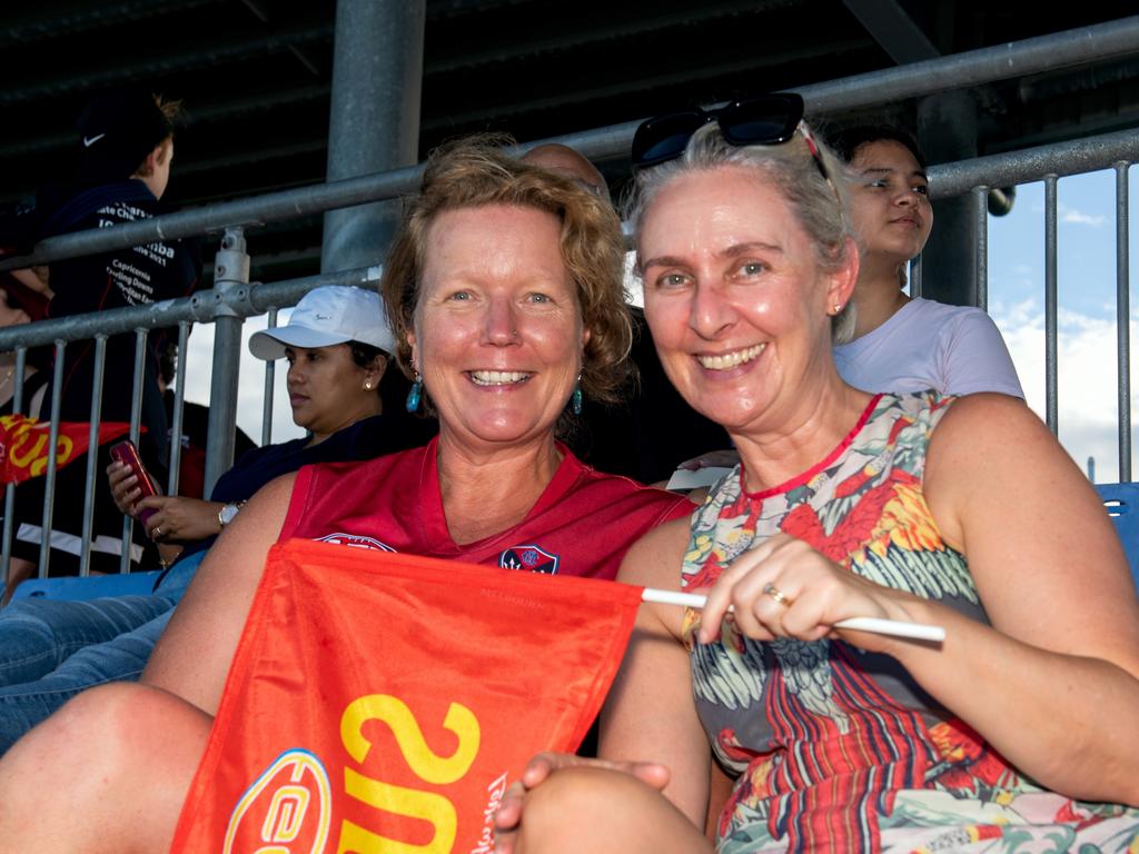 Michelle Smith and Elissa Hatherly from Mackay at the Suns AFLW game at Harrup Park.Picture: Michaela Harlow