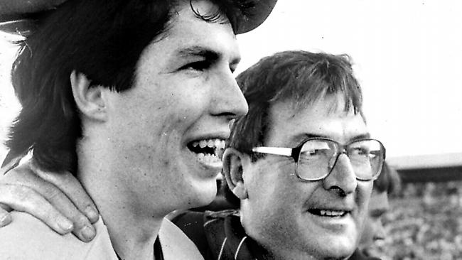 Stephen Kernahan with his father Harry Kernahan, Glenelg general manager, after the 1985 Glenelg SANFL premiership win.