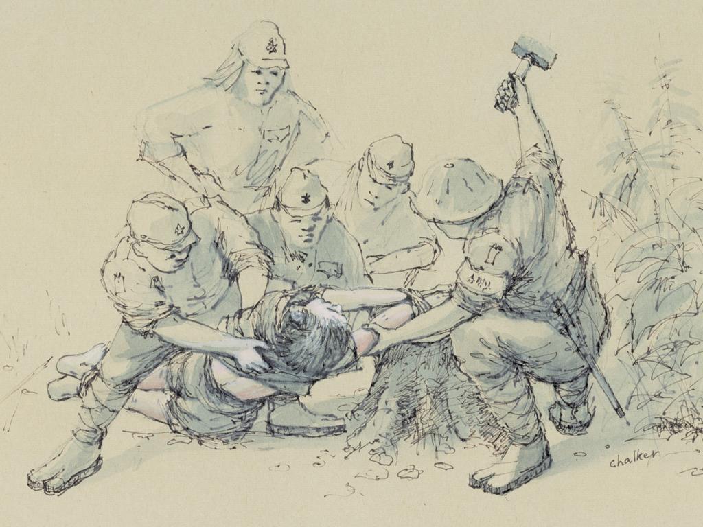 “Beating Hands”. An Allied prisoner is punished by the Japanese on the Death Railway in Thailand in this sketch by former British captive Jack Chalker.