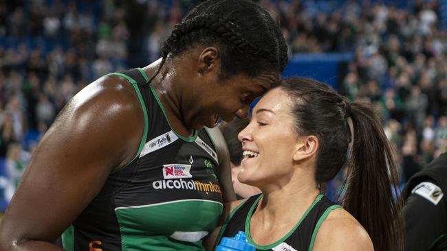 West Coast Fever players Jhaniele Fowler and Verity Charles