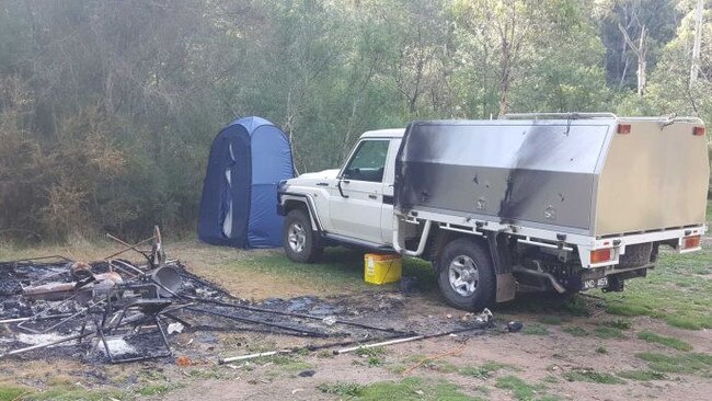 Russell Hill and Carol Clay's burnout campsite photographed by a camper in Wonnangatta Valley. Picture: ABC