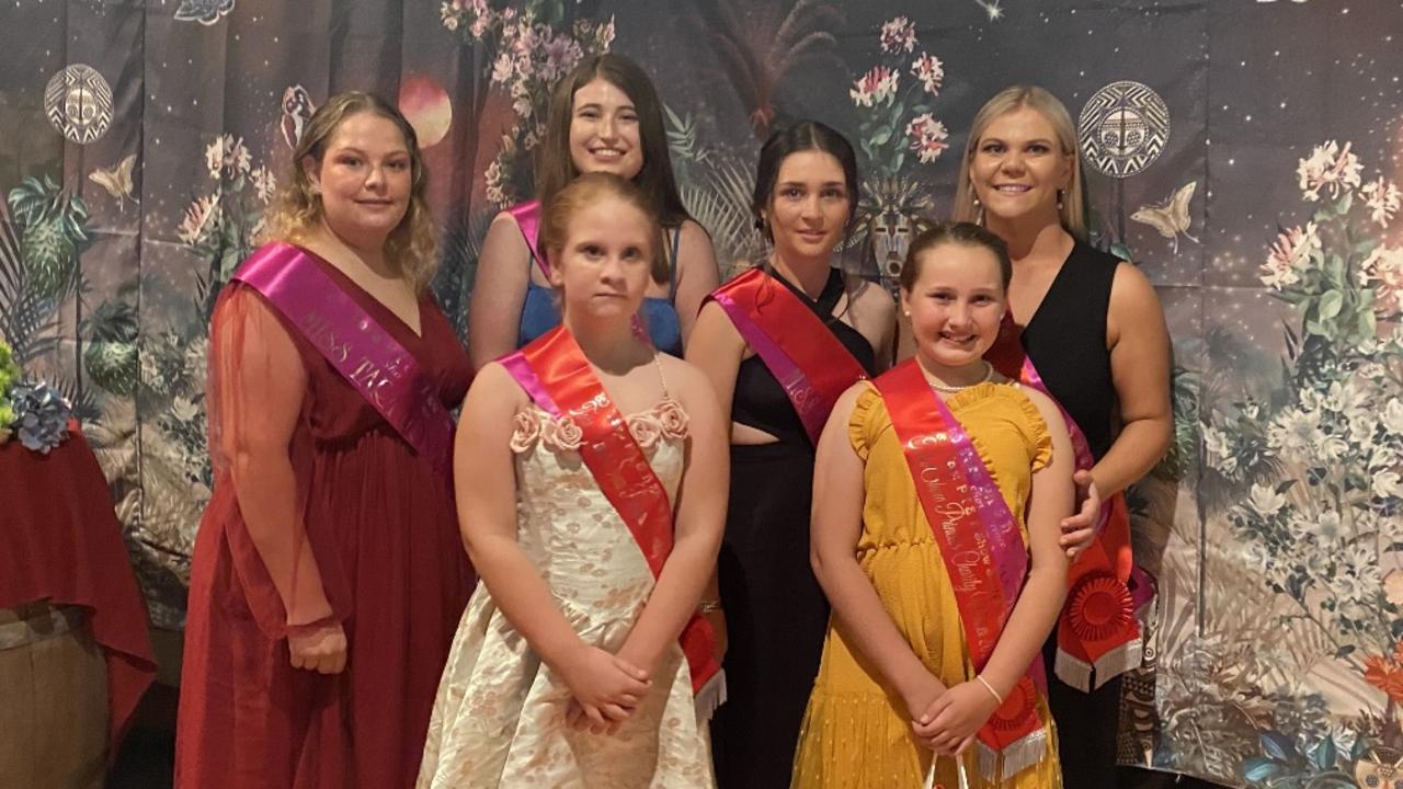 Back row (L-R): Carolyn Reay, Kate Creese, Maddison Hallinan and Kennedy Stenzel. Front row (L-R): Paige Gilchrist-Joels and Emily Turner at the Miss Showgirl competition in Tara 2023. Picture: contributed