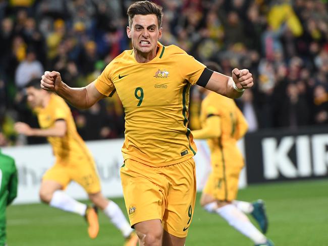 Tomi Juric celebrates giving the Socceroos the lead.