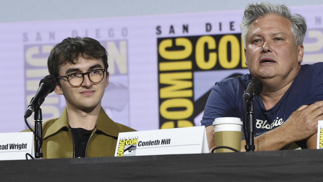 Isaac Hempstead Wright, left, and Conleth Hill speak during the Game of Thrones panel in San Diego. Picture: Chris Pizzello/Invision/AP