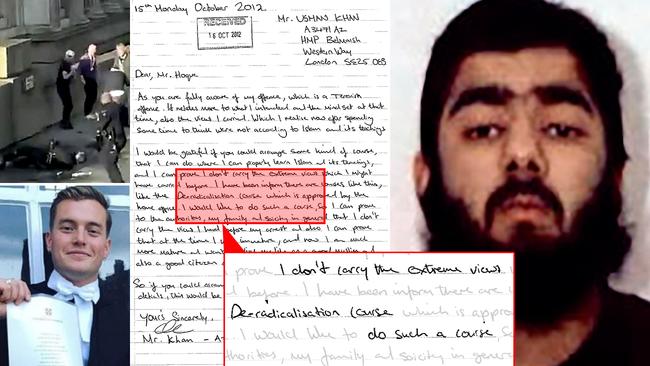 London Bridge attacker Usman Khan wrote a letter from his jail cell asking to be 'deradicalised'. Top left: Khan is shot by police. Bottom right: Victim Jack Merritt.