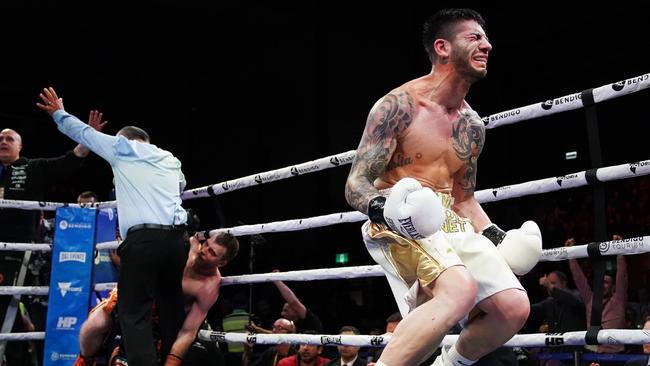 Michael Zerafa celebrates his win over Jeff Horn. Picture: AAP