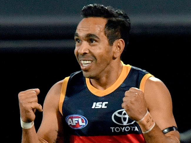 Eddie Betts of the Crows celebrates a goal during the Round 12 AFL match between the Adelaide Crows and the GWS Giants at Adelaide Oval in Adelaide, Saturday, June 8, 2019. (AAP Image/Sam Wundke) NO ARCHIVING, EDITORIAL USE ONLY