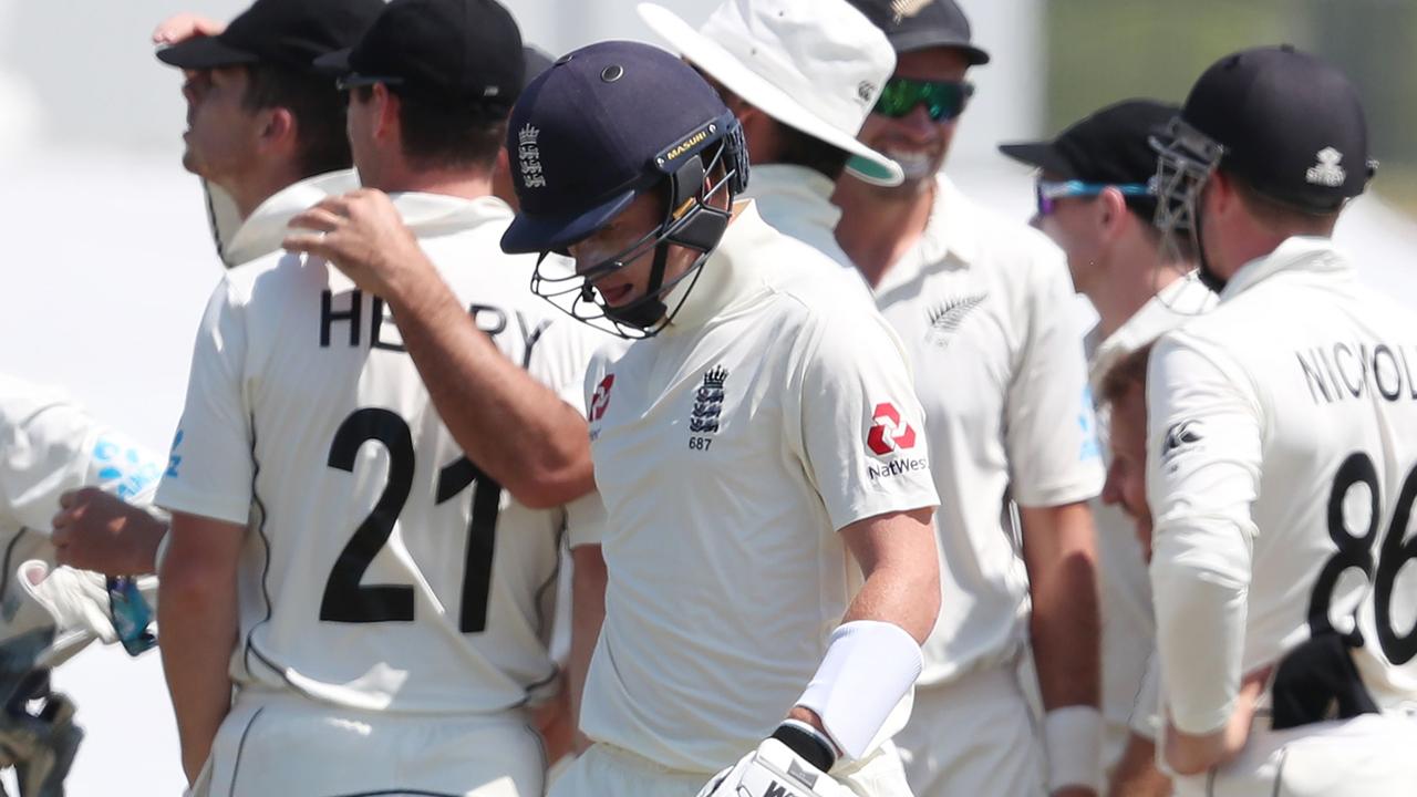 England’s Ollie Pope is dismissed during the fifth day of the first cricket Test between England and New Zealand at Bay Oval in Mount Maunganui.