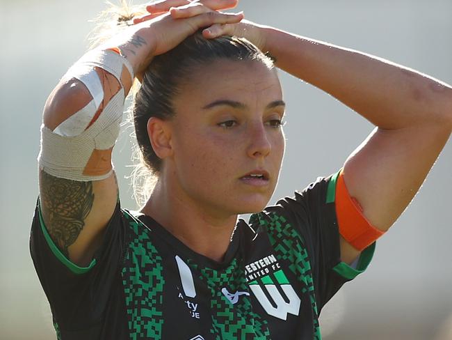 MELBOURNE, AUSTRALIA - MARCH 01: Chloe Logarzo of Western United reacts at a missed shot on goal during the A-League Women round 18 match between Western United and Canberra United at City Vista Recreation Park on March 01, 2024 in Melbourne, Australia. (Photo by Graham Denholm/Getty Images)