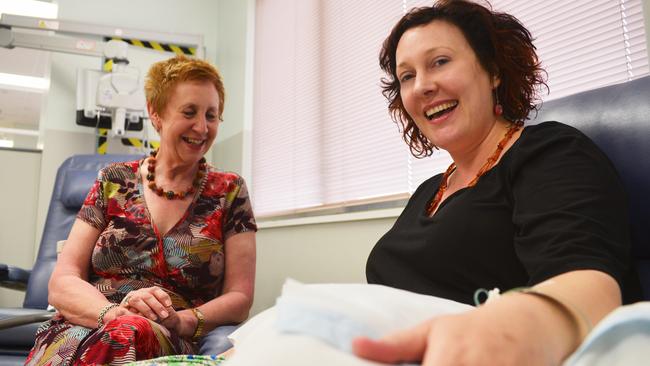 Amanda Phillips at the Oncology Day Centre, Royal Adelaide Hospital, first treatment in 2013, with her mother Stephanie. Picture: Alexander Waite Mitchell