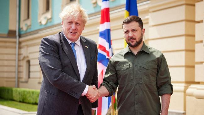 Britain's Prime Minister Boris Johnson with Ukrainian President Volodymyr Zelensky. Picture: AFP PHOTO / Ukrainian Presidential Press-Service