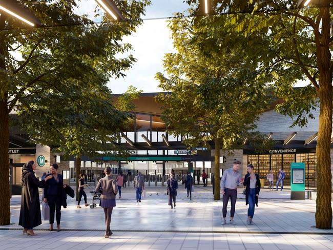 An artist's impression of how the new Bankstown station – where the Southwest Metro will terminate when work is completed in 2025. Photo: Supplied