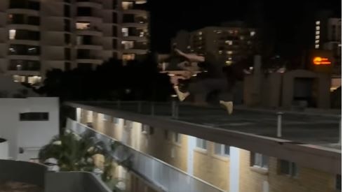 Parkour athlete Dylan Pawson jumping between The Sands Apartments and St Tropez Apartments in late April 2025. Picture: Instagram