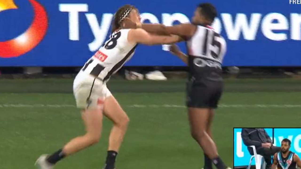 Willie Rioli’s strike on Magpie Nathan Murphy. Picture: Fox Footy