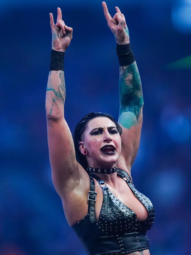 Rhea Ripley reacts after winning the WWE Royal Rumble. Photo by Alex Bierens de Haan / GETTY IMAGES NORTH AMERICA via AFP.