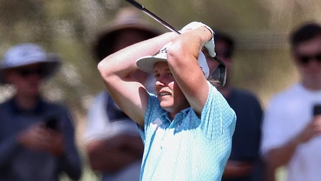 Cameron Smith reacts after his 2nd shot at the 7th during his 2nd round at Kingston Heath . Picture by Michael Klein