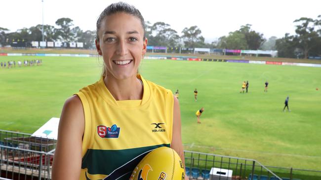 Alli Evans - sister of Sturt premiership player Fraser Evans - has returned to the SANFLW with Woodville-West Torrens - after taking a break last season. Pictured at Elizabeth Oval where the Eagles are playing a trial game against Central. 1 February 2020. (AAP Image/Dean Martin)