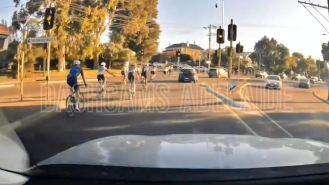 A group of cyclists ignore a red light on Flinders St / The Parade in Kent Town on January 21. Picture: Dashcams Adelaide